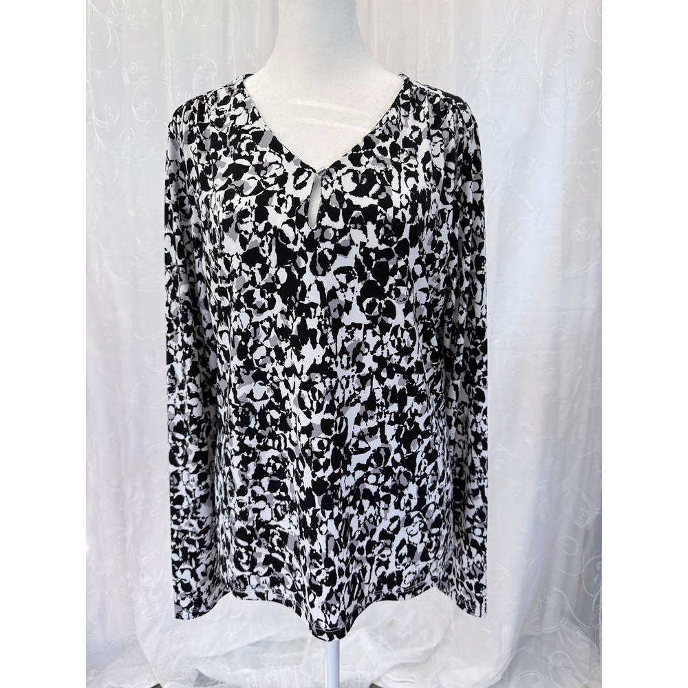 Tahari Womens Black White Abstract Floral V-Neck Keyhole Long Sleeve Blouse L